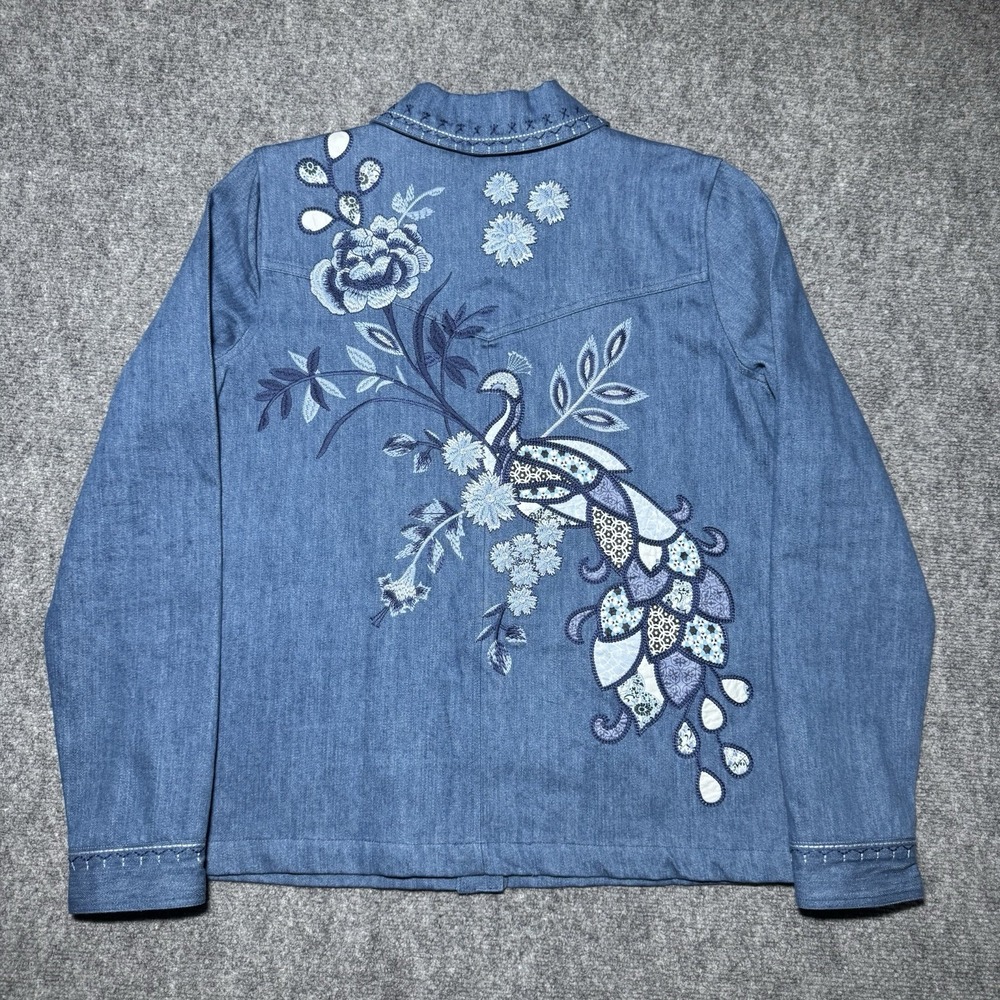 Johnny Was Shirley Embroidered Western Worker Jacket Denim Blue Floral Bird